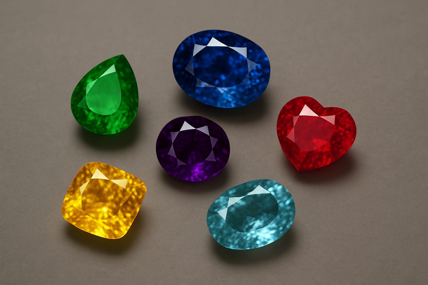 a display of various gemstones, highlighting their colors and textures on a neutral background