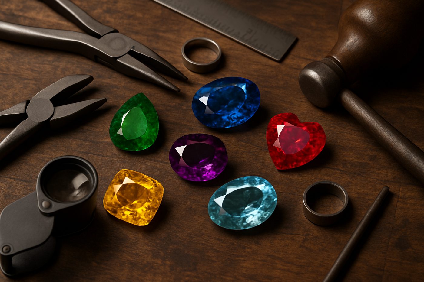tools and materials used in gemstone jewelry making, artistically arranged on a workbench