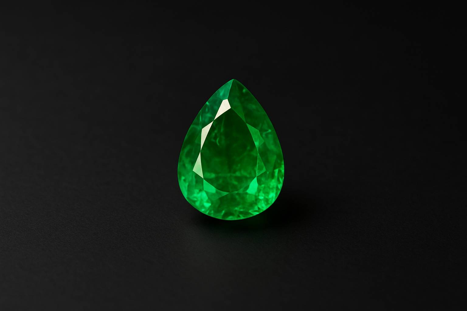 a beautifully cut Colombian emerald on a smooth surface, emphasizing its vibrant hue