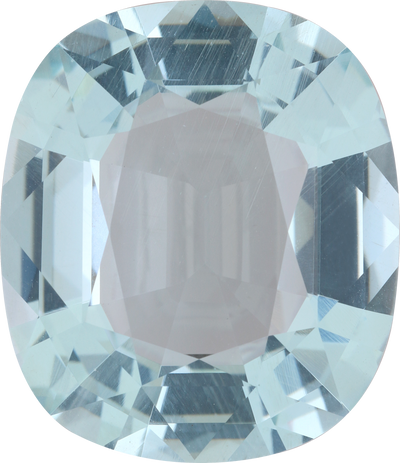 Cushion cut aquamarine, 22.57 by 19.49 mm, shown at actual size