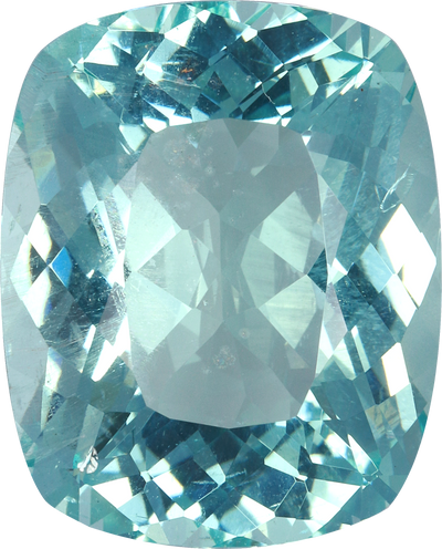 Cushion cut aquamarine, 21.8 by 17.61 mm, shown at actual size