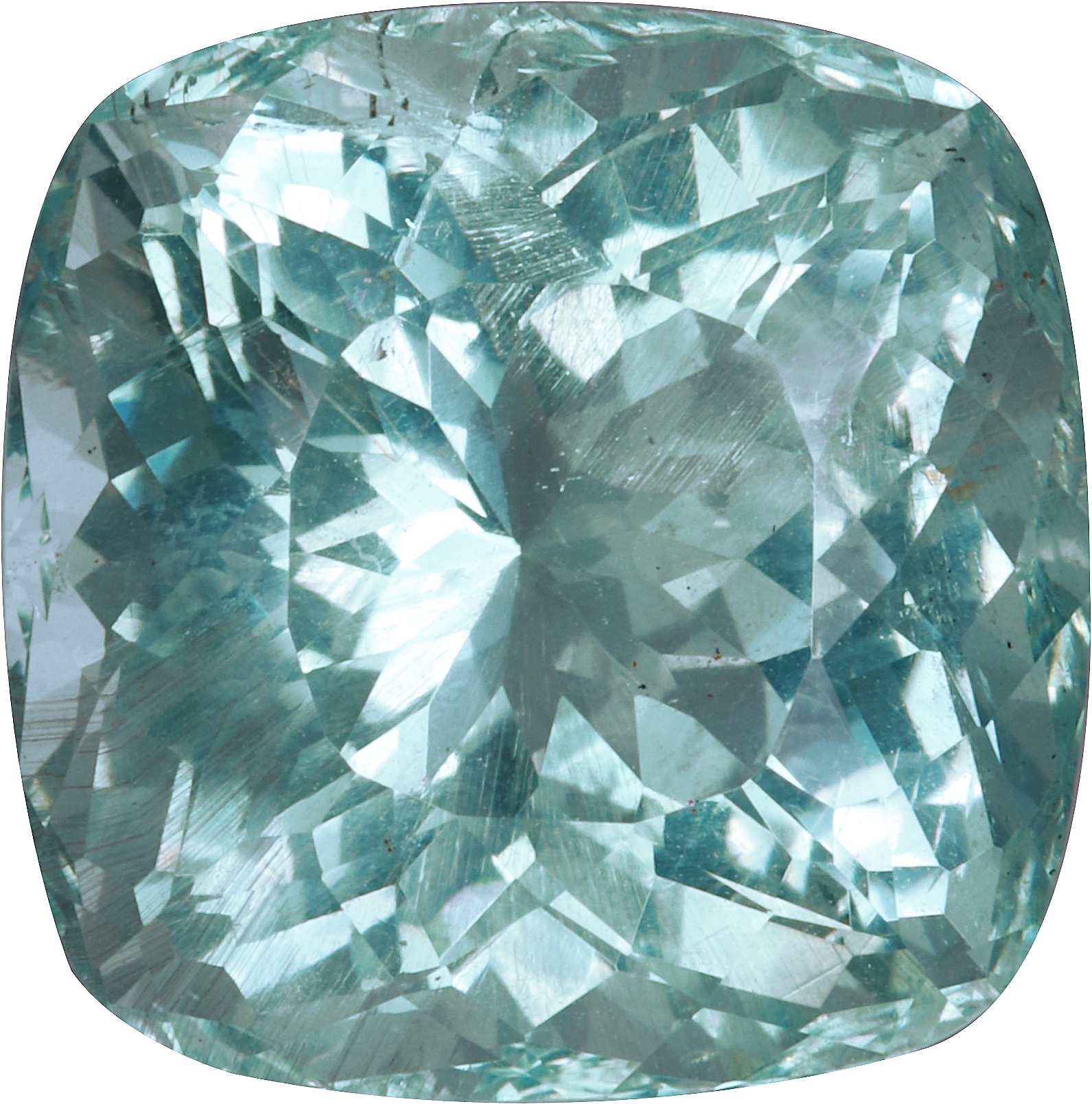 Cushion cut aquamarine, 14.78 by 14.9 mm, shown at actual size