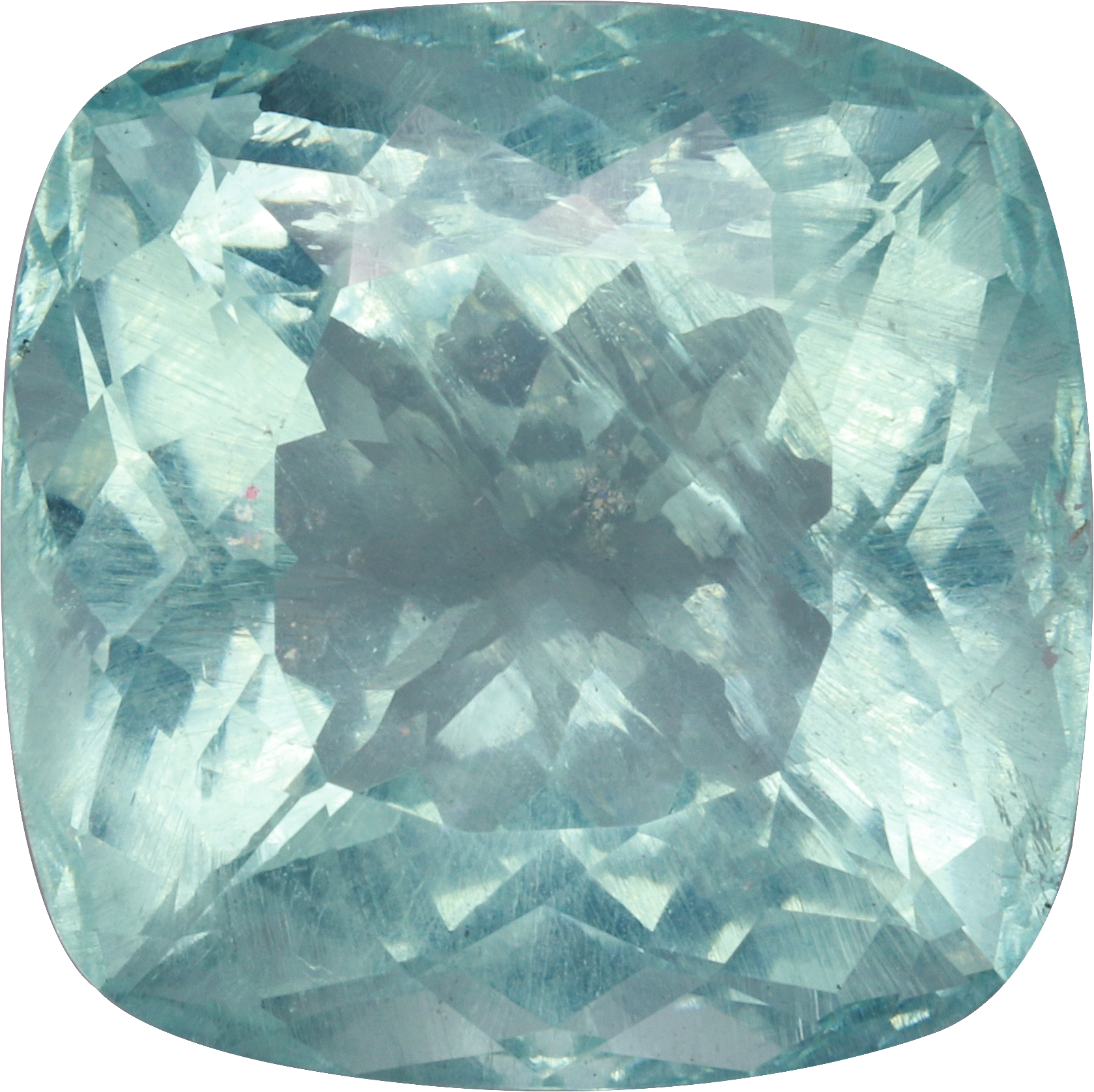Cushion cut aquamarine, 15.51 by 15.58 mm, shown at actual size