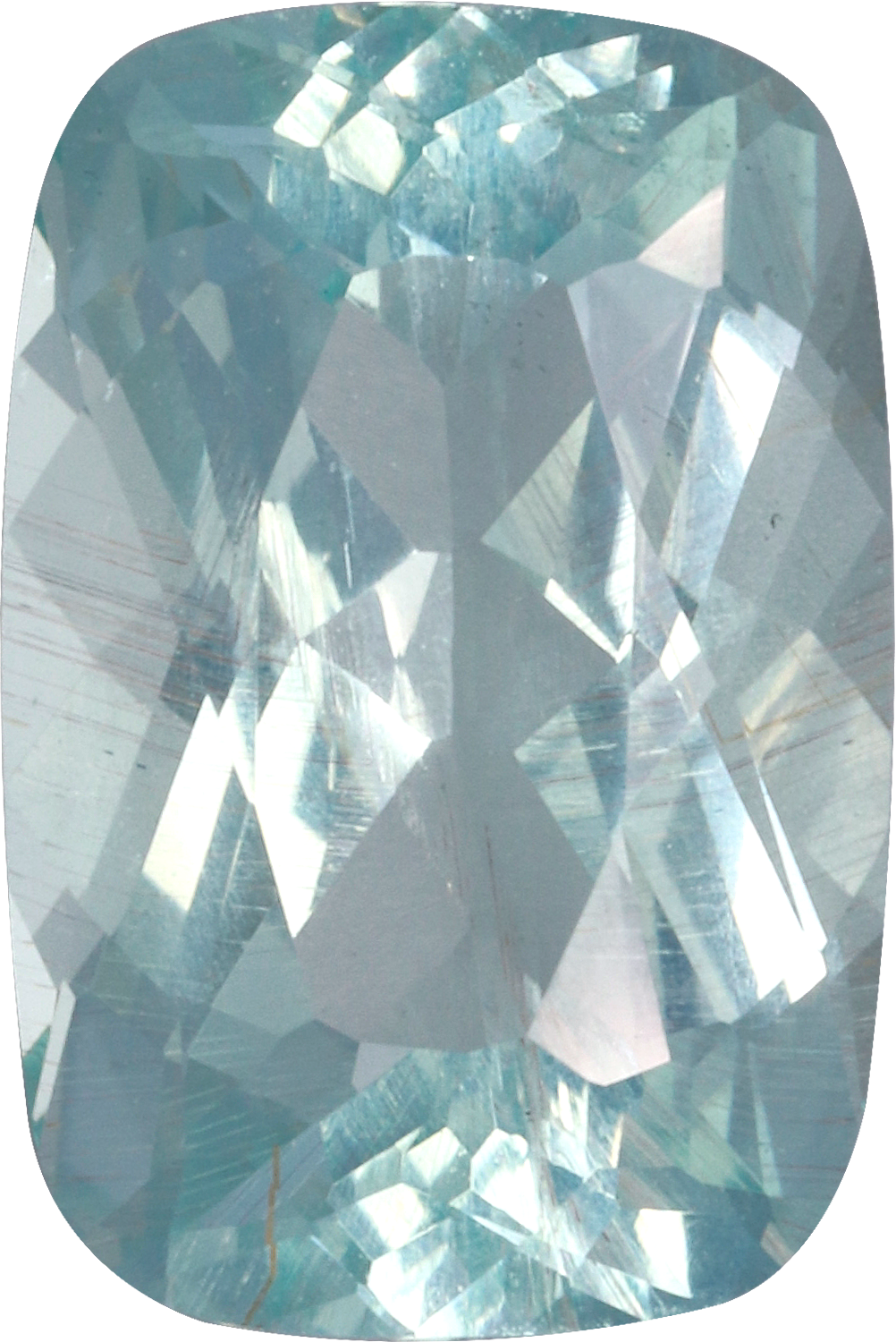 Cushion cut aquamarine, 12.08 by 8.06 mm, shown at actual size