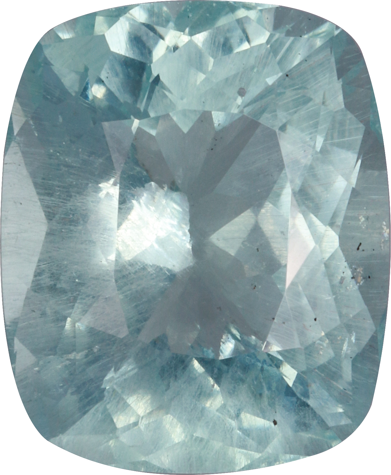 Cushion cut aquamarine, 12.93 by 10.62 mm, shown at actual size