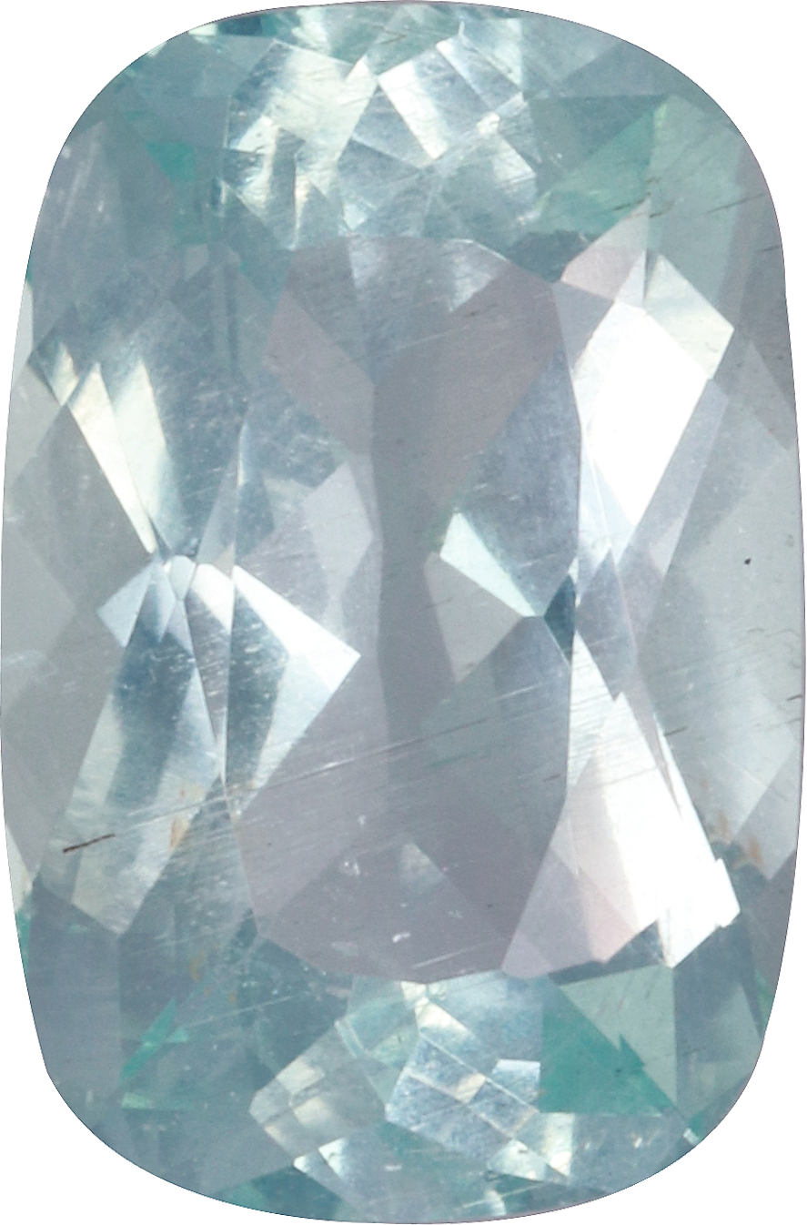 Cushion cut aquamarine, 10.75 by 7.09 mm, shown at actual size
