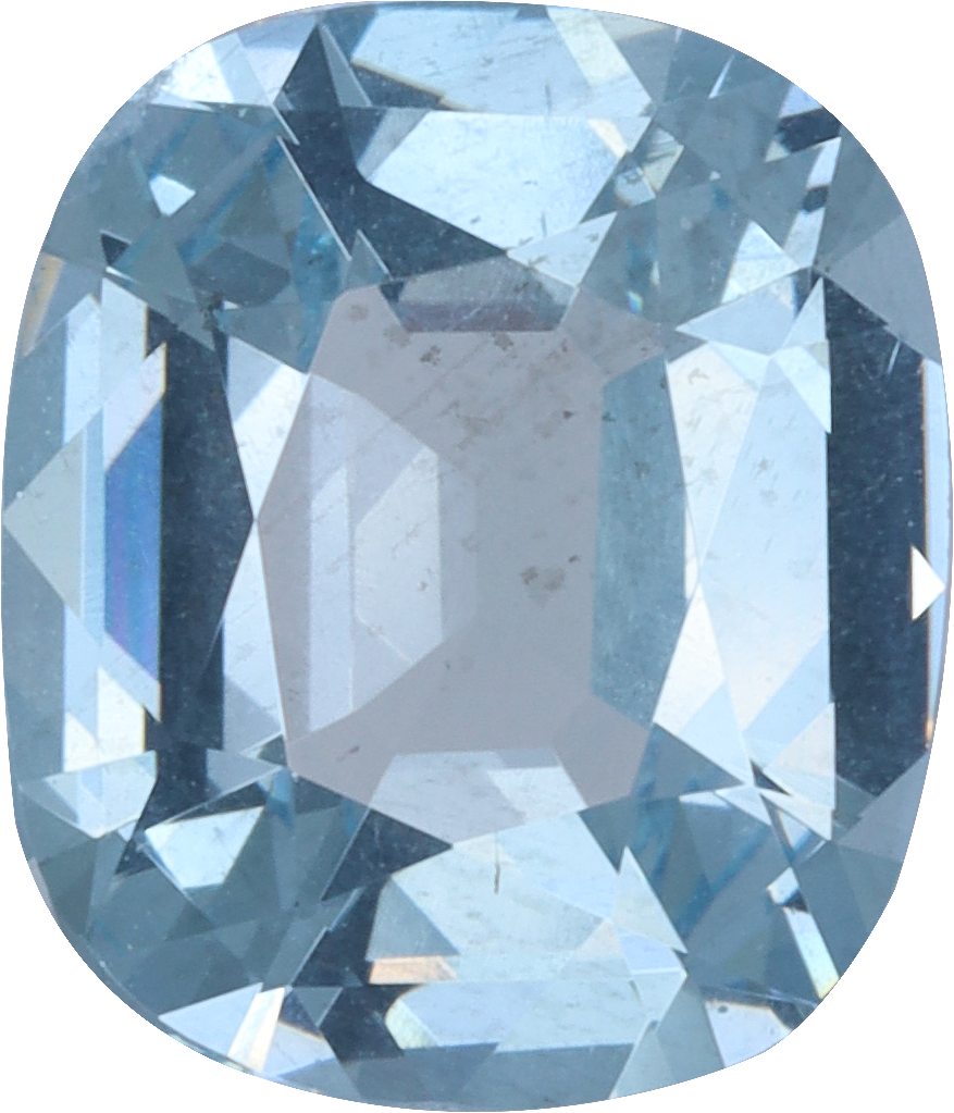 Cushion cut aquamarine, 10.59 by 9.07 mm, shown at actual size