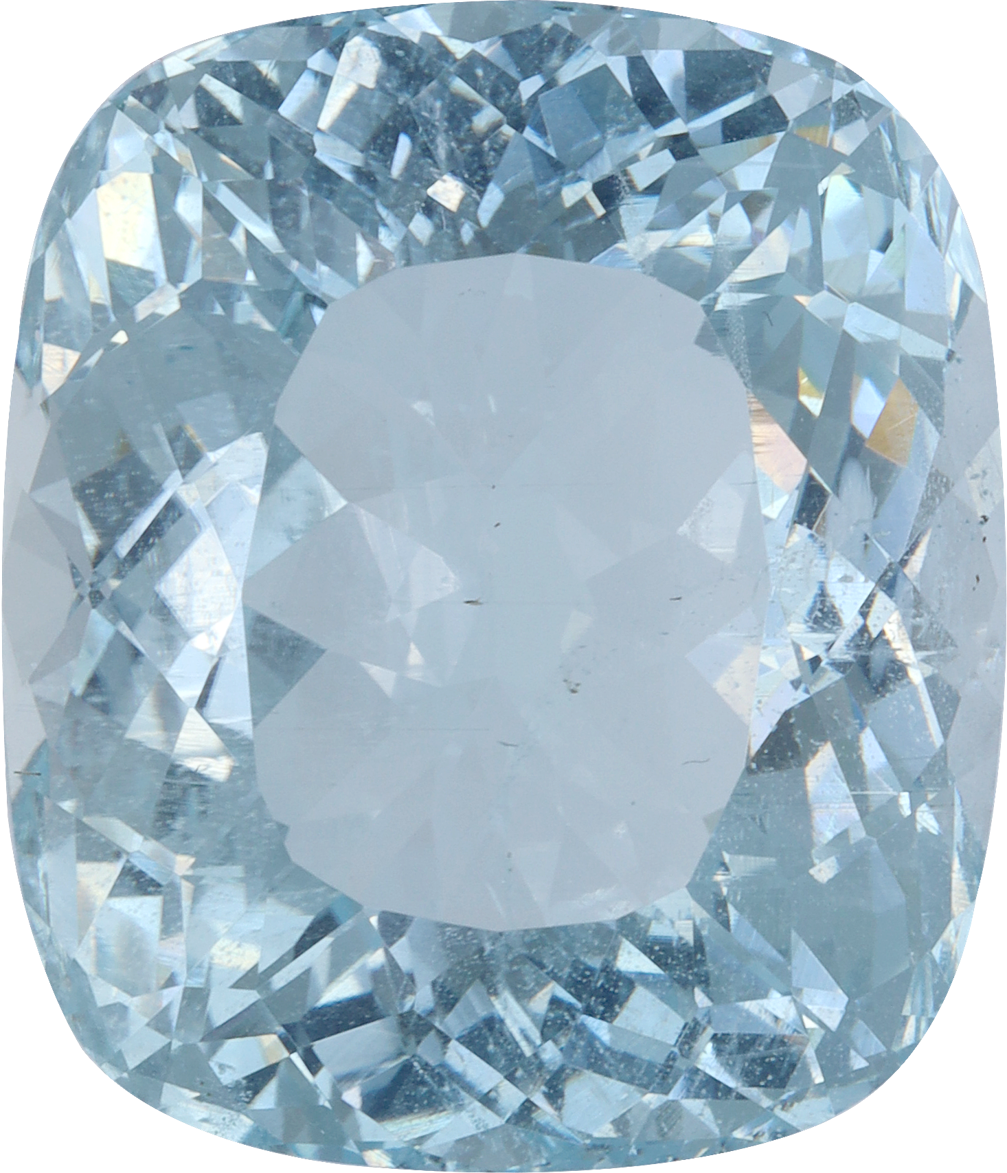 Cushion cut aquamarine, 21 by 18.05 mm, shown at actual size