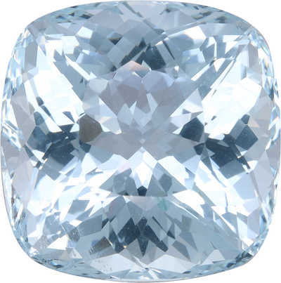 Cushion cut aquamarine, 21.17 by 21.09 mm, shown at actual size
