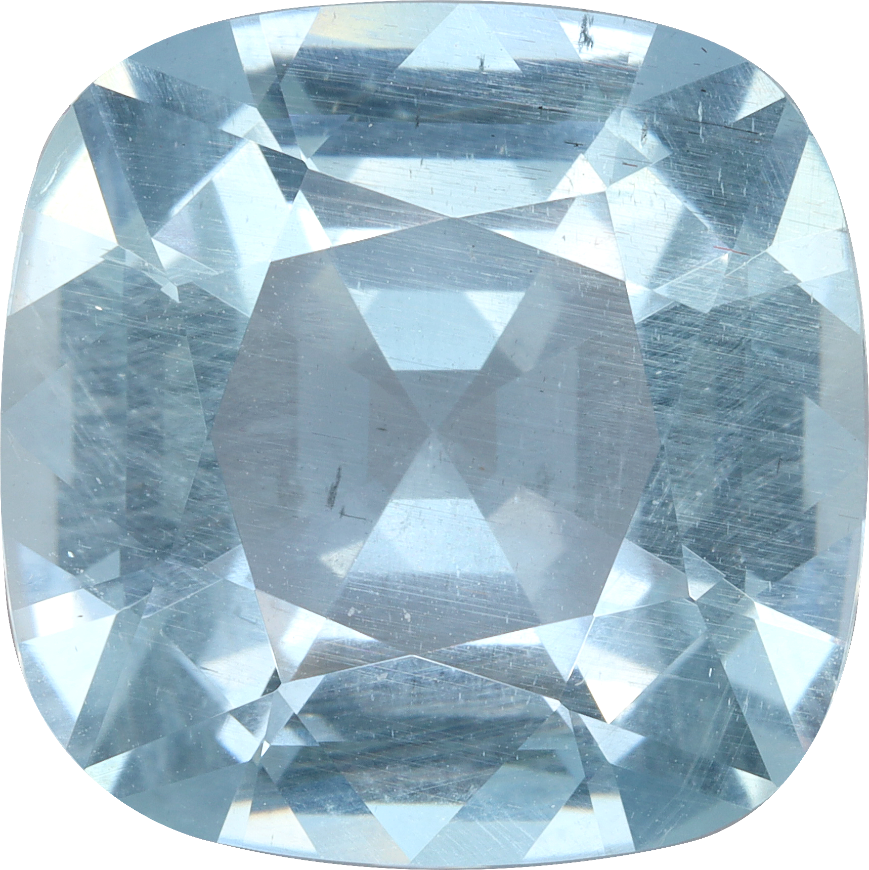 Cushion cut aquamarine, 16.52 by 16.52 mm, shown at actual size