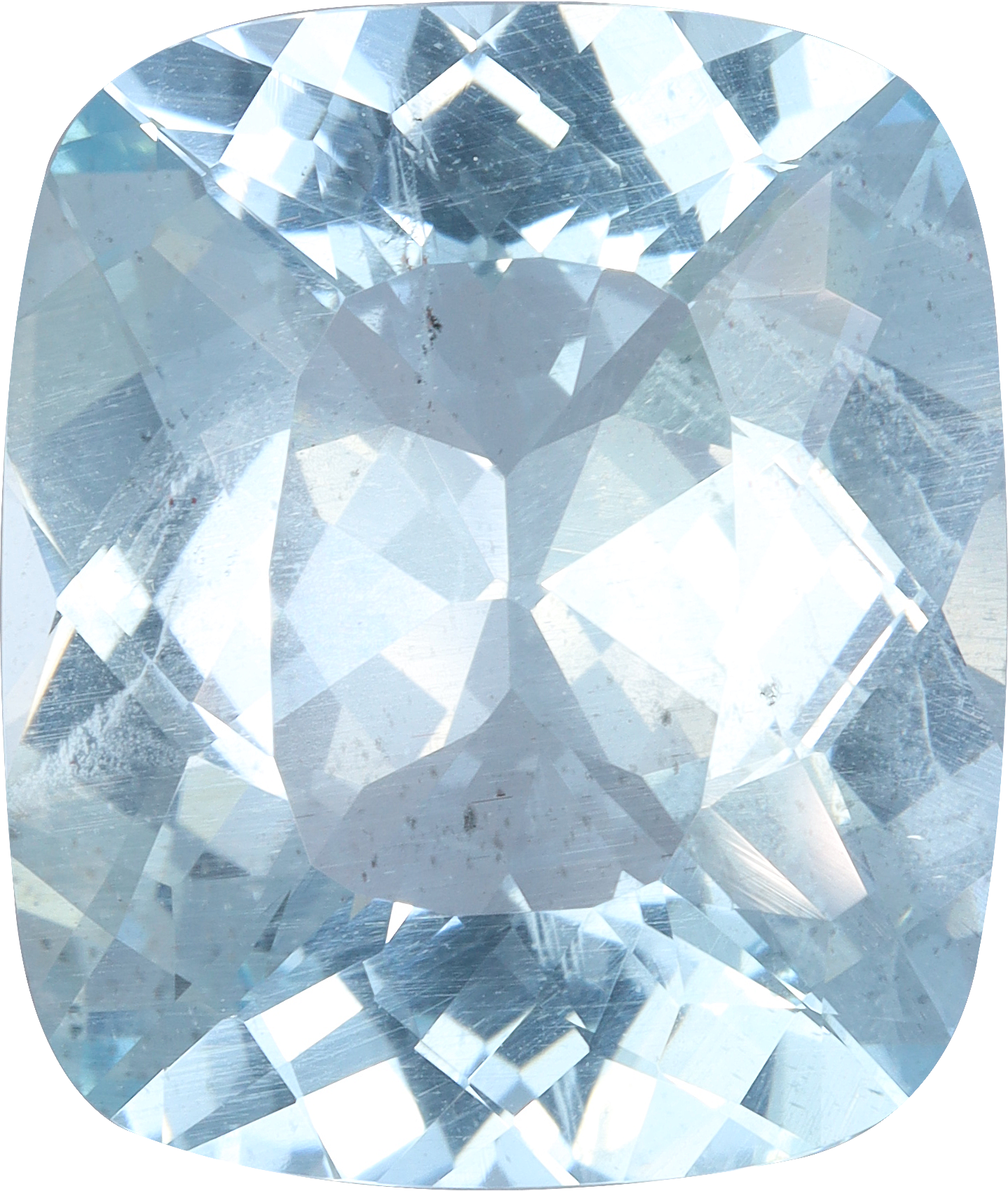 Cushion cut aquamarine, 20.12 by 16.96 mm, shown at actual size