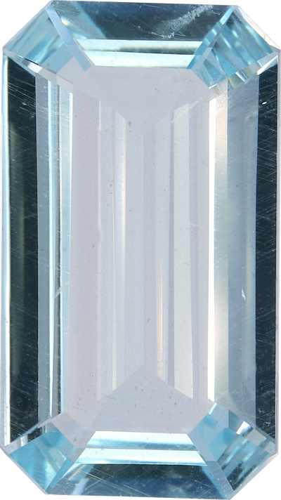 Rectangular cut aquamarine, 20 by 9.65 mm, shown at actual size
