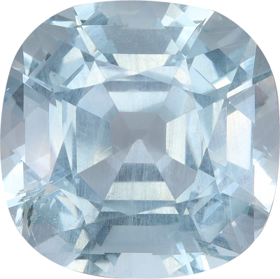 Cushion cut aquamarine, 15.63 by 15.59 mm, shown at actual size