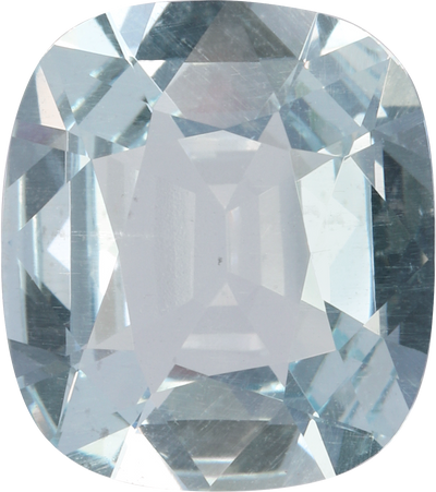 Cushion cut aquamarine, 10.49 by 9.31 mm, shown at actual size
