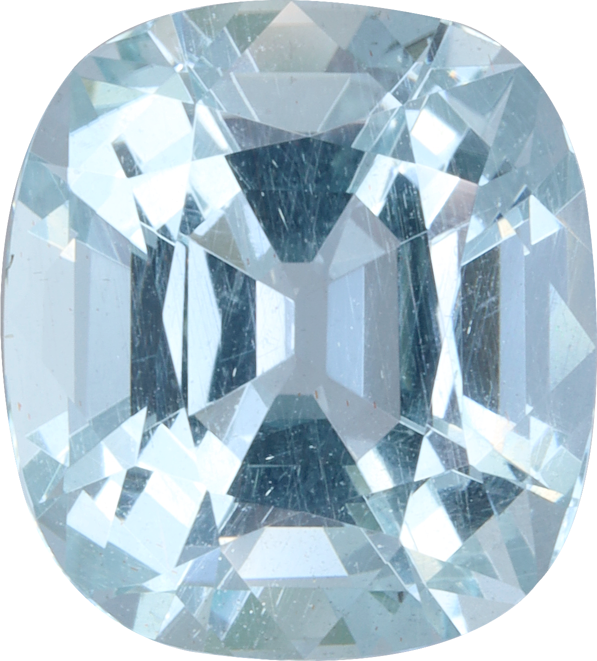 Cushion cut aquamarine, 11.43 by 10.24 mm, shown at actual size