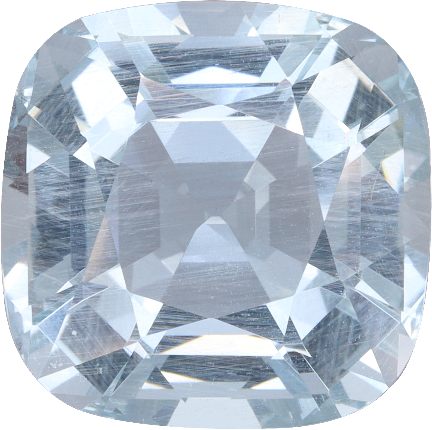 Cushion cut aquamarine, 13.68 by 13.61 mm, shown at actual size