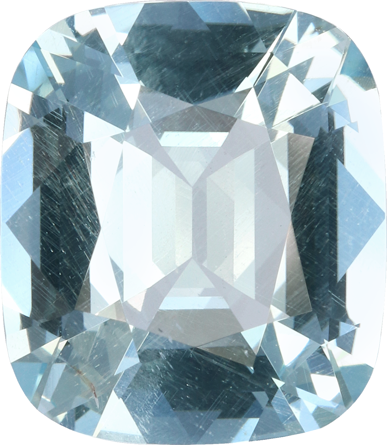Cushion cut aquamarine, 16.14 by 14.01 mm, shown at actual size