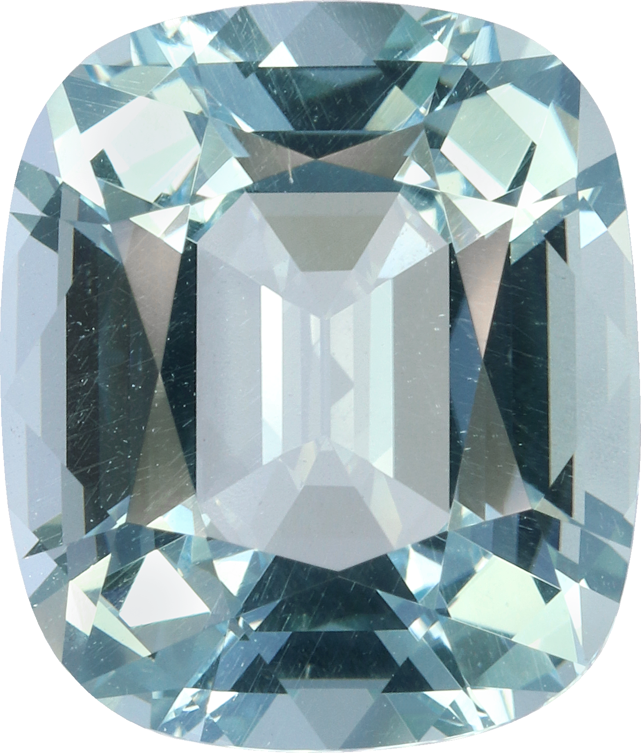 Cushion cut aquamarine, 15.25 by 13.02 mm, shown at actual size