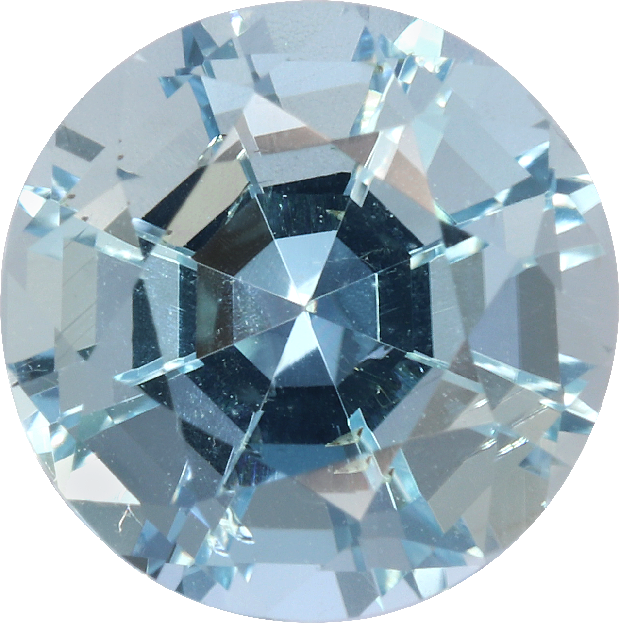Round cut aquamarine, 7.97 by 7.89 mm, shown at actual size