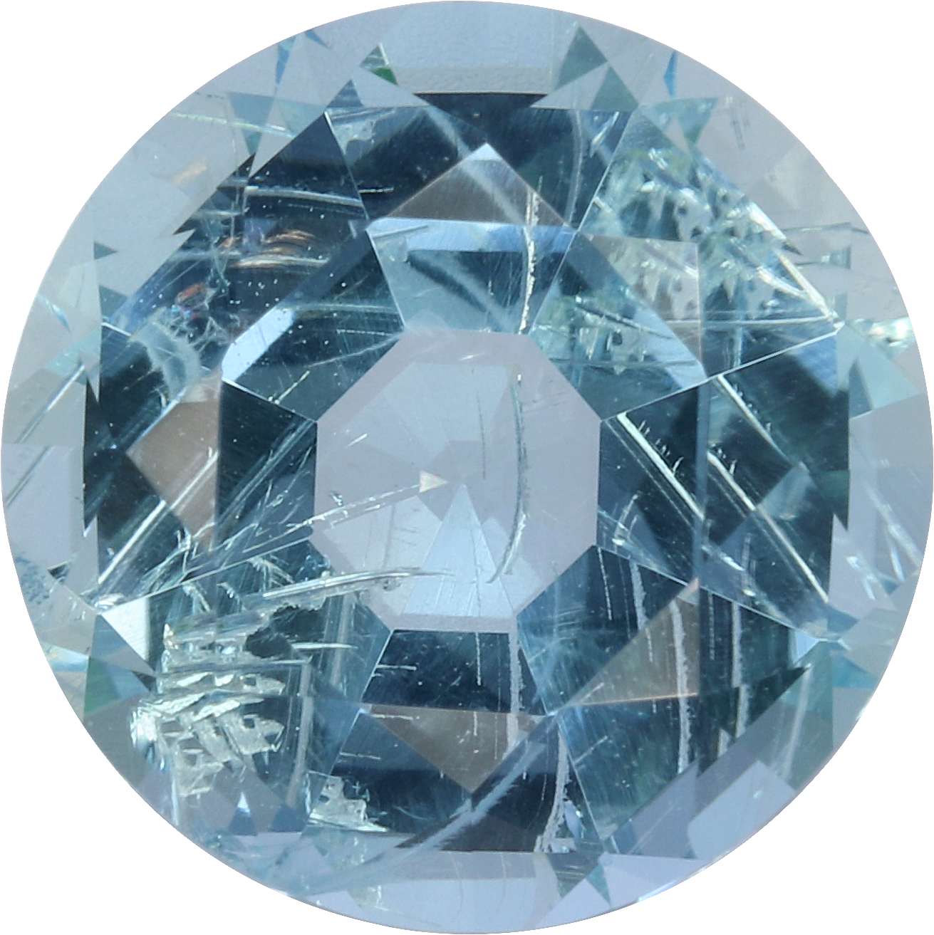 Round cut aquamarine, 9.59 by 9.56 mm, shown at actual size