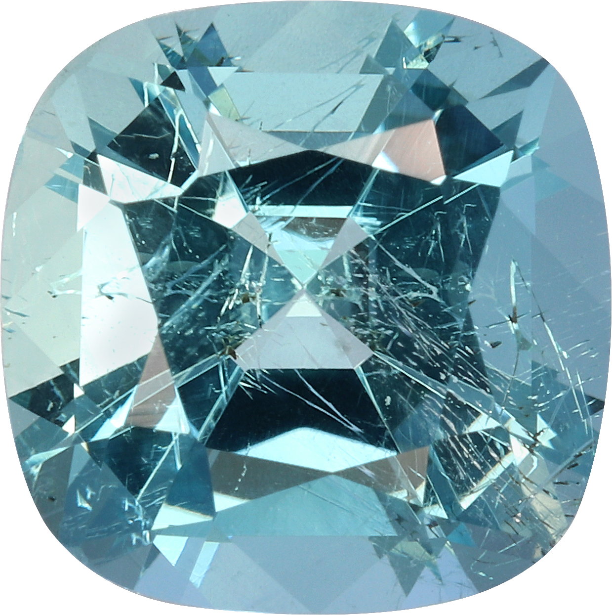 Cushion cut aquamarine, 9.93 by 9.86 mm, shown at actual size