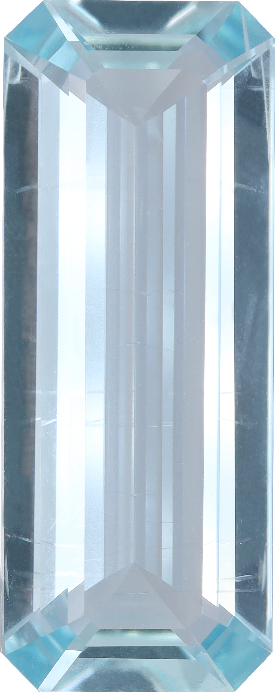 Rectangular cut aquamarine, 25.2 by 9.97 mm, shown at actual size