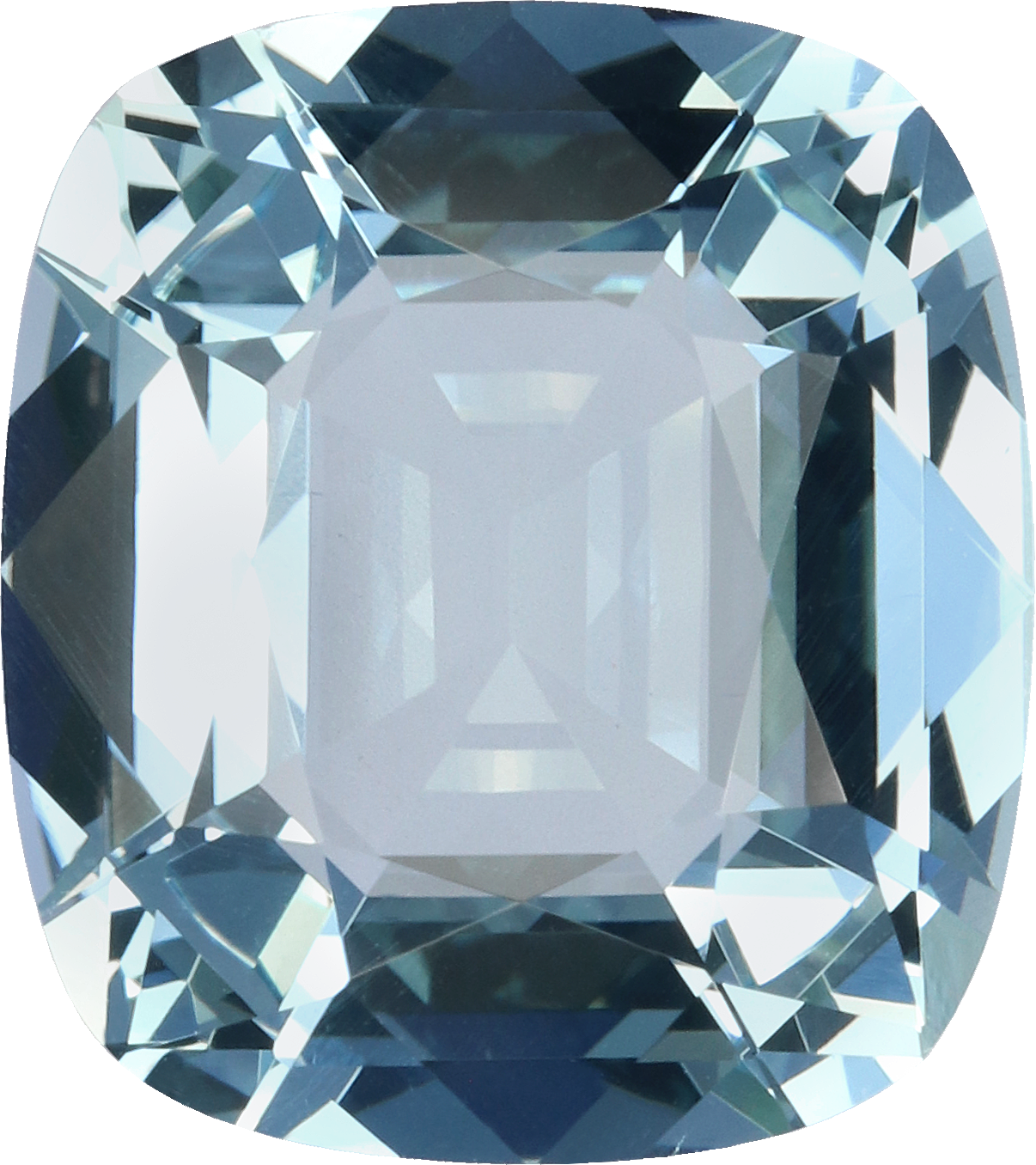 Cushion cut aquamarine, 15.02 by 13.36 mm, shown at actual size
