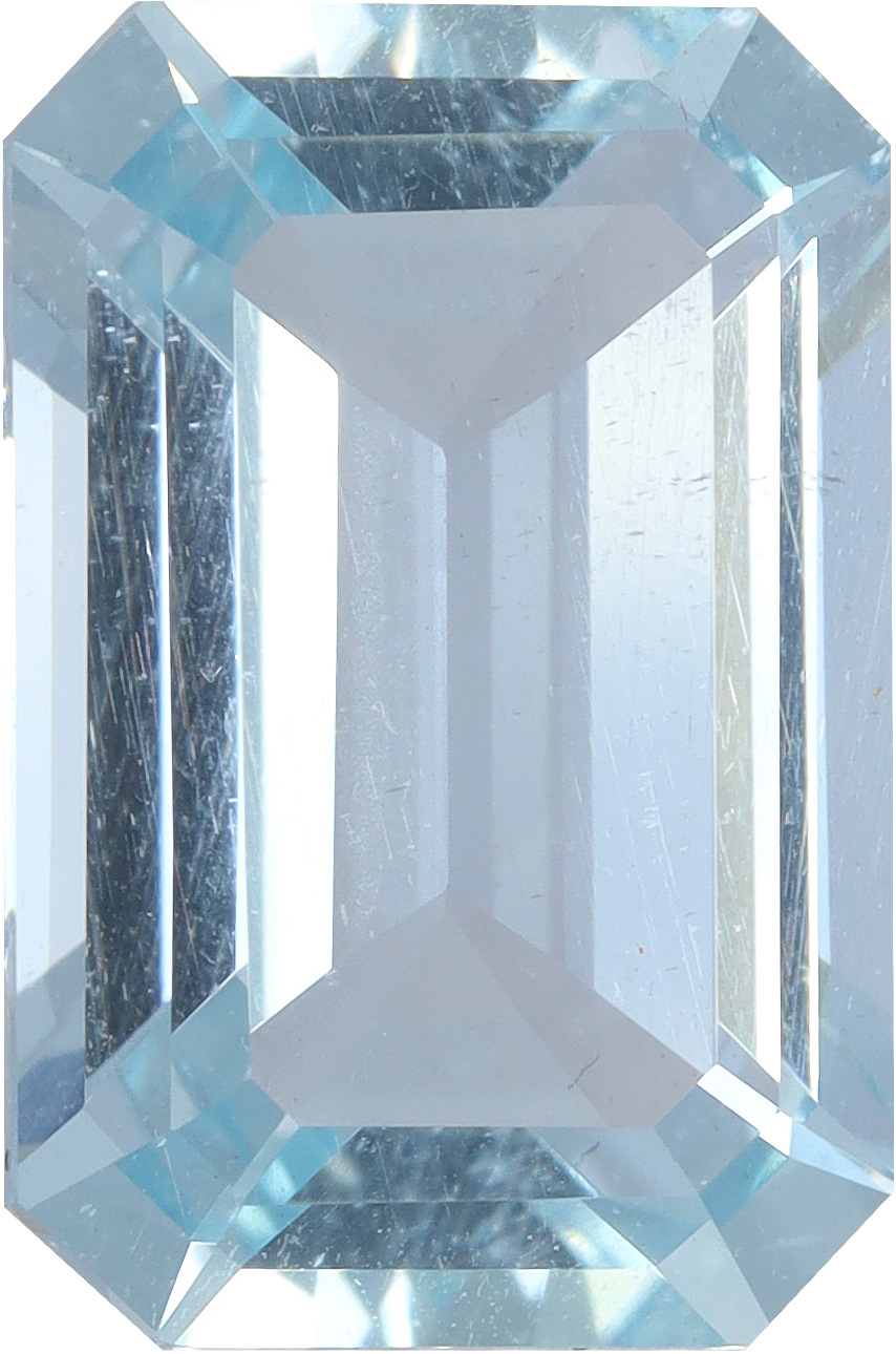Rectangular cut aquamarine, 12.29 by 8.19 mm, shown at actual size
