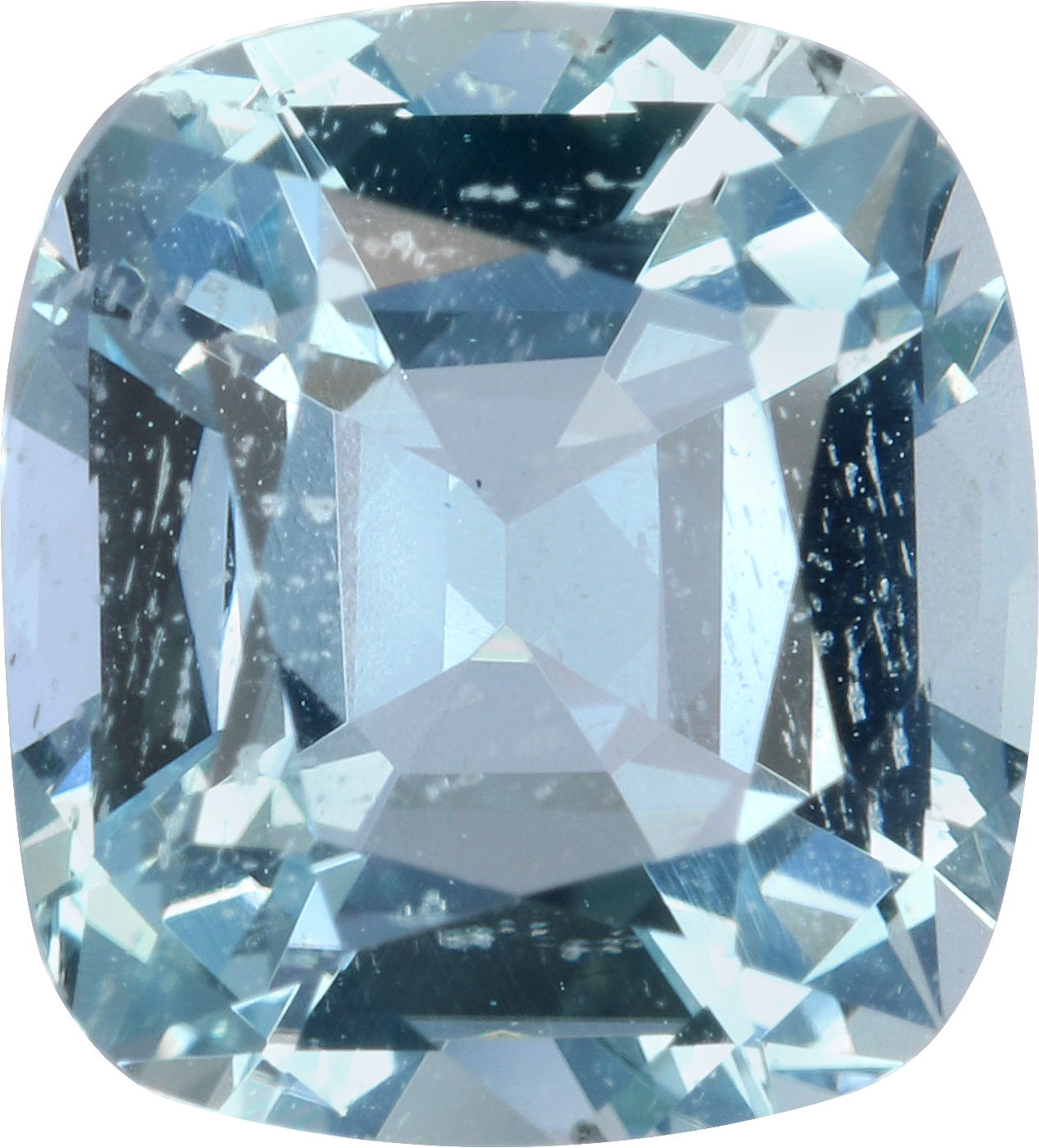 Cushion cut aquamarine, 8.68 by 7.88 mm, shown at actual size