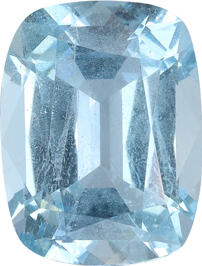 Cushion cut aquamarine, 10.38 by 7.9 mm, shown at actual size