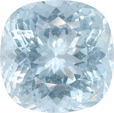 Cushion cut aquamarine, 14.61 by 14.6 mm, shown at actual size