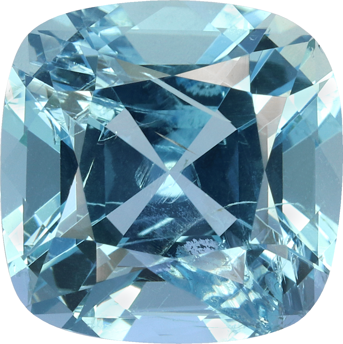 Cushion cut aquamarine, 10 by 9.99 mm, shown at actual size