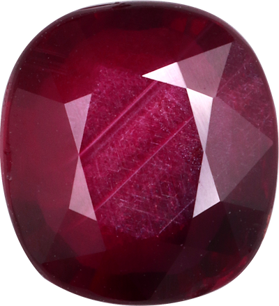 Cushion cut mozambique ruby, 8.49 by 7.74 mm, shown at actual size