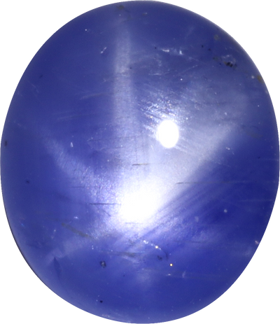 Oval cut blue star sapphire, 9.52 by 8.25 mm, shown at actual size