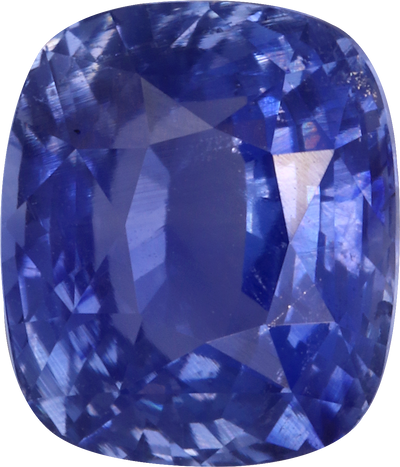 Cushion cut blue sapphire, 8.44 by 7.22 mm, shown at actual size