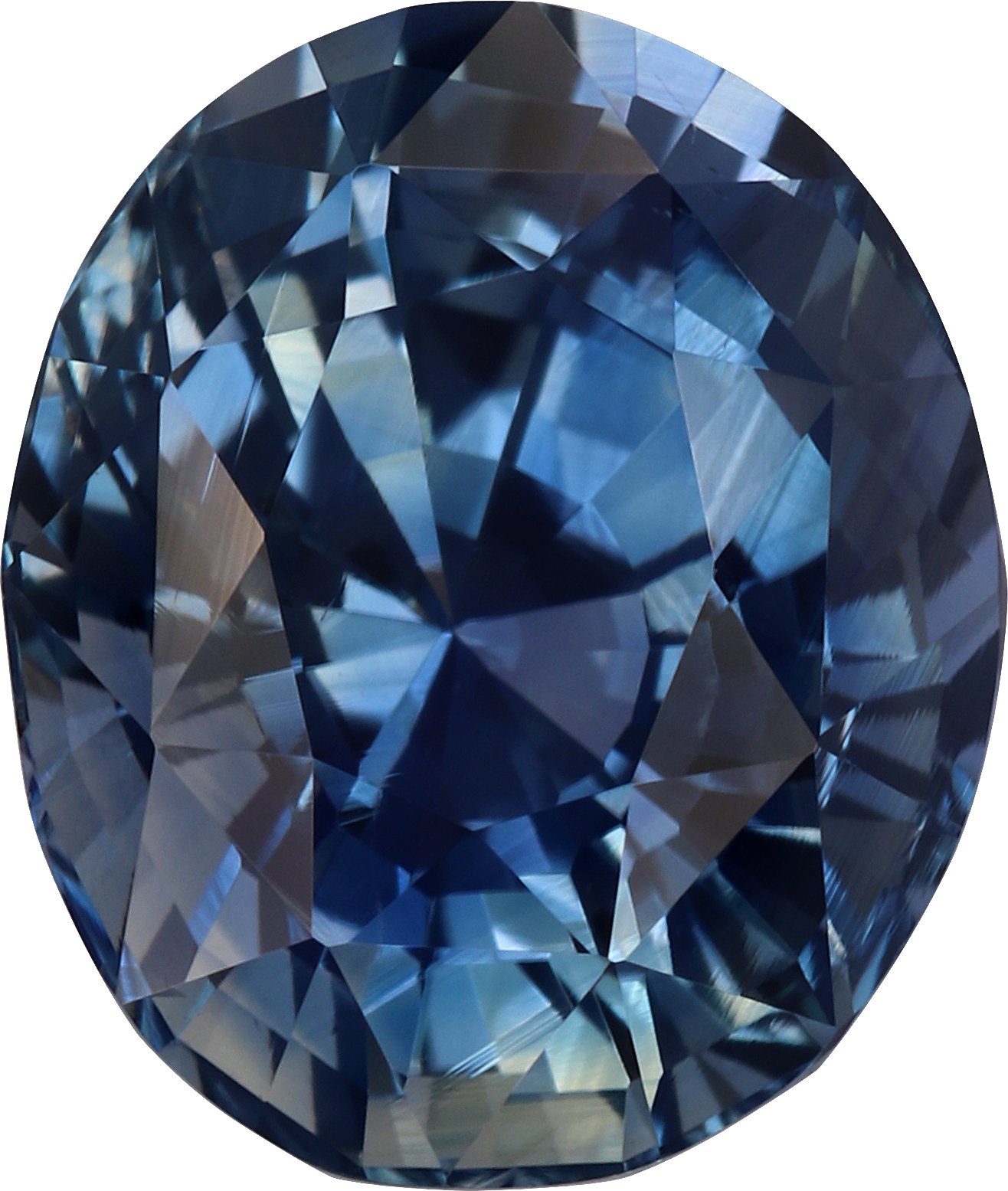 Oval cut blue sapphire, 9.09 by 7.58 mm, shown at actual size