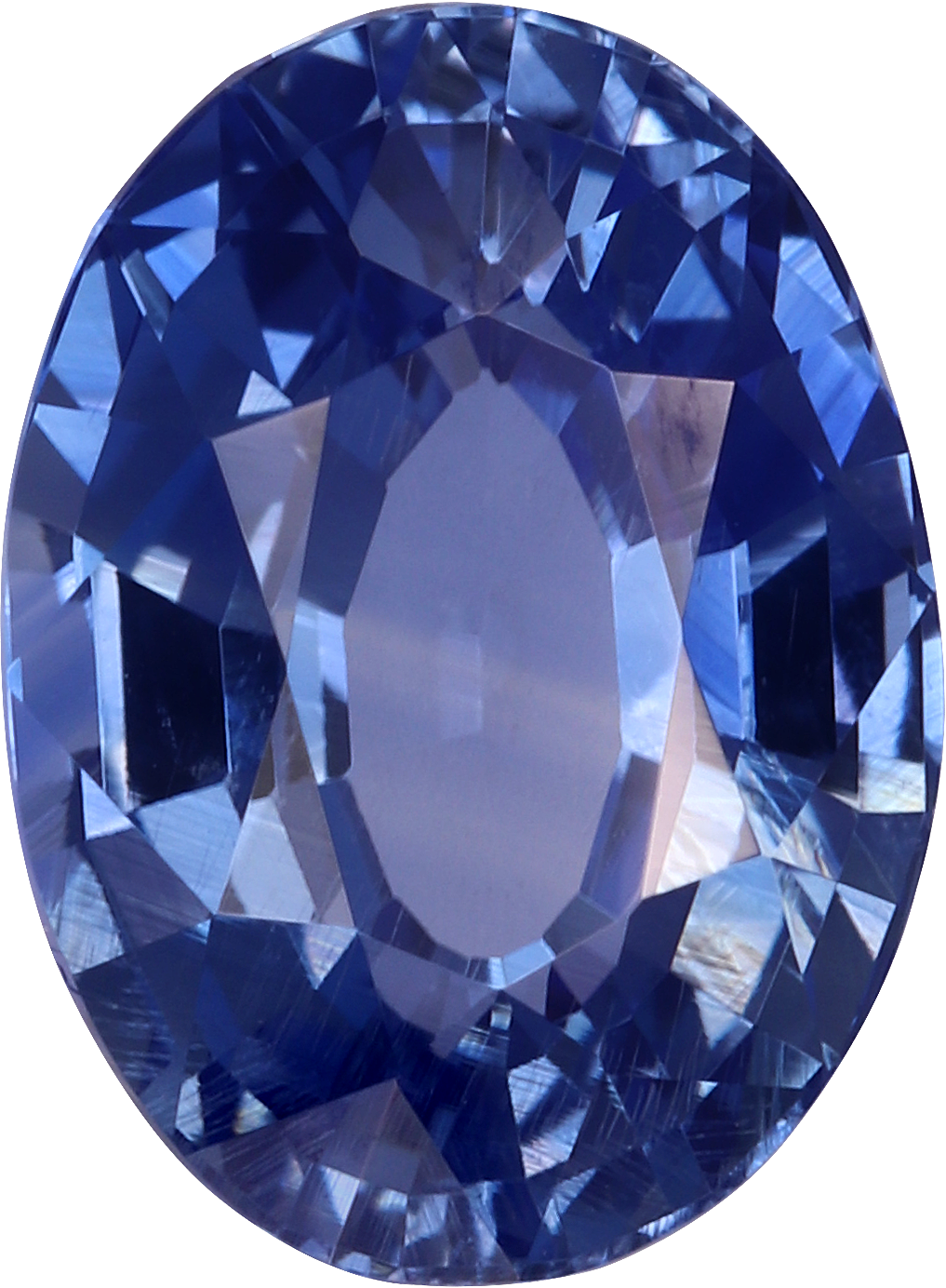 Oval cut blue sapphire, 8.53 by 6.31 mm, shown at actual size