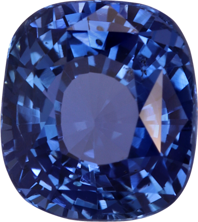 Cushion cut blue sapphire, 7.65 by 6.83 mm, shown at actual size