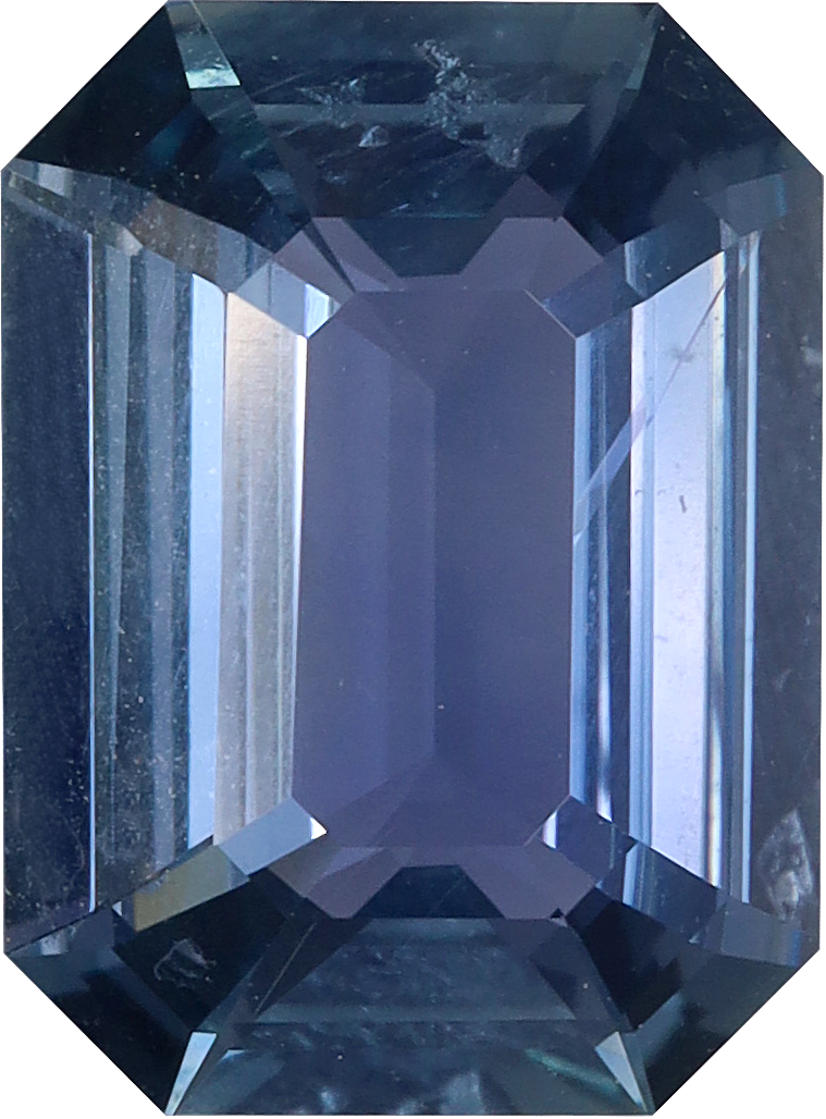 Rectangular cut blue sapphire, 10.12 by 7.49 mm, shown at actual size