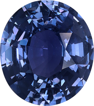 Oval cut blue sapphire, 9.13 by 8.13 mm, shown at actual size