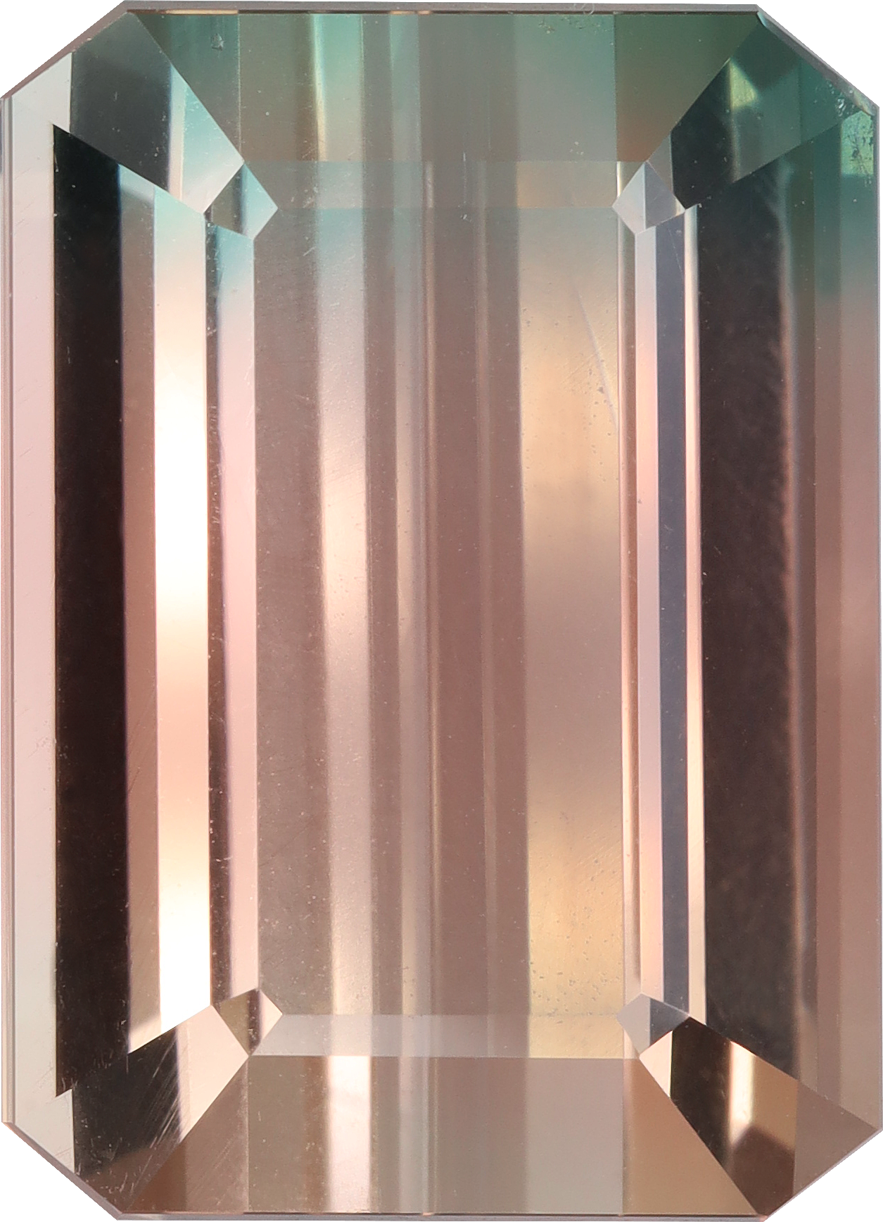 Rectangular cut bi colour tourmaline, 17.93 by 13.02 mm, shown at actual size