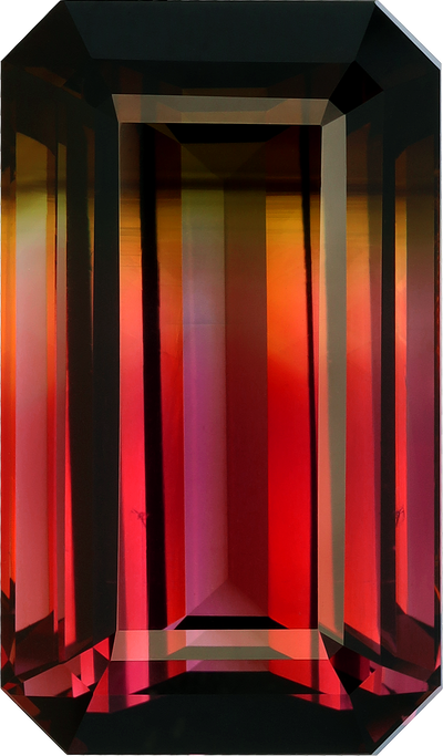 Rectangular cut bi colour tourmaline, 28.6 by 16.73 mm, shown at actual size