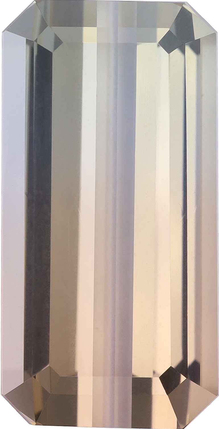 Rectangular cut bi colour tourmaline, 20.95 by 10.7 mm, shown at actual size