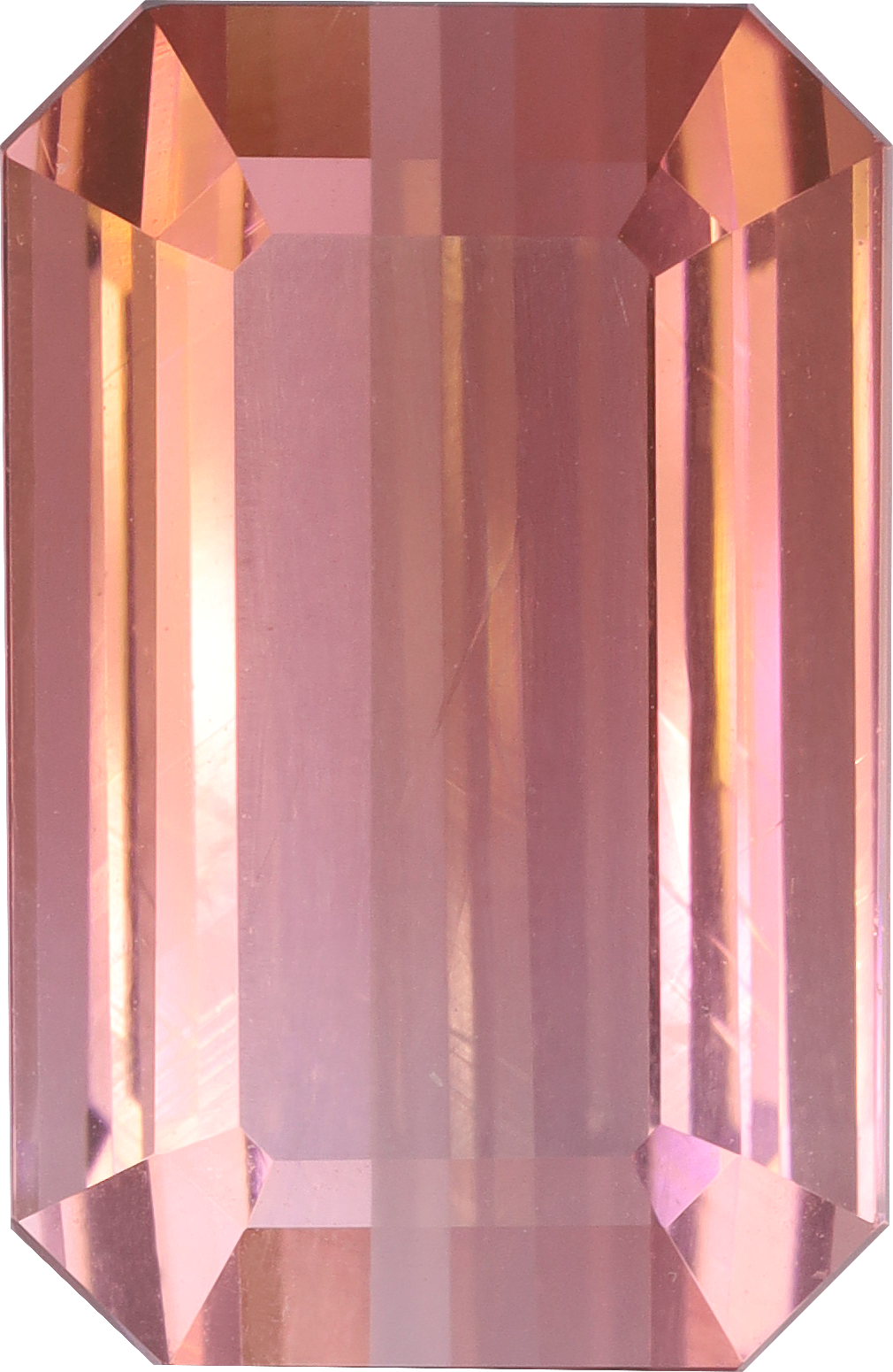 Rectangular cut pink tourmaline, 14.15 by 9.2 mm, shown at actual size