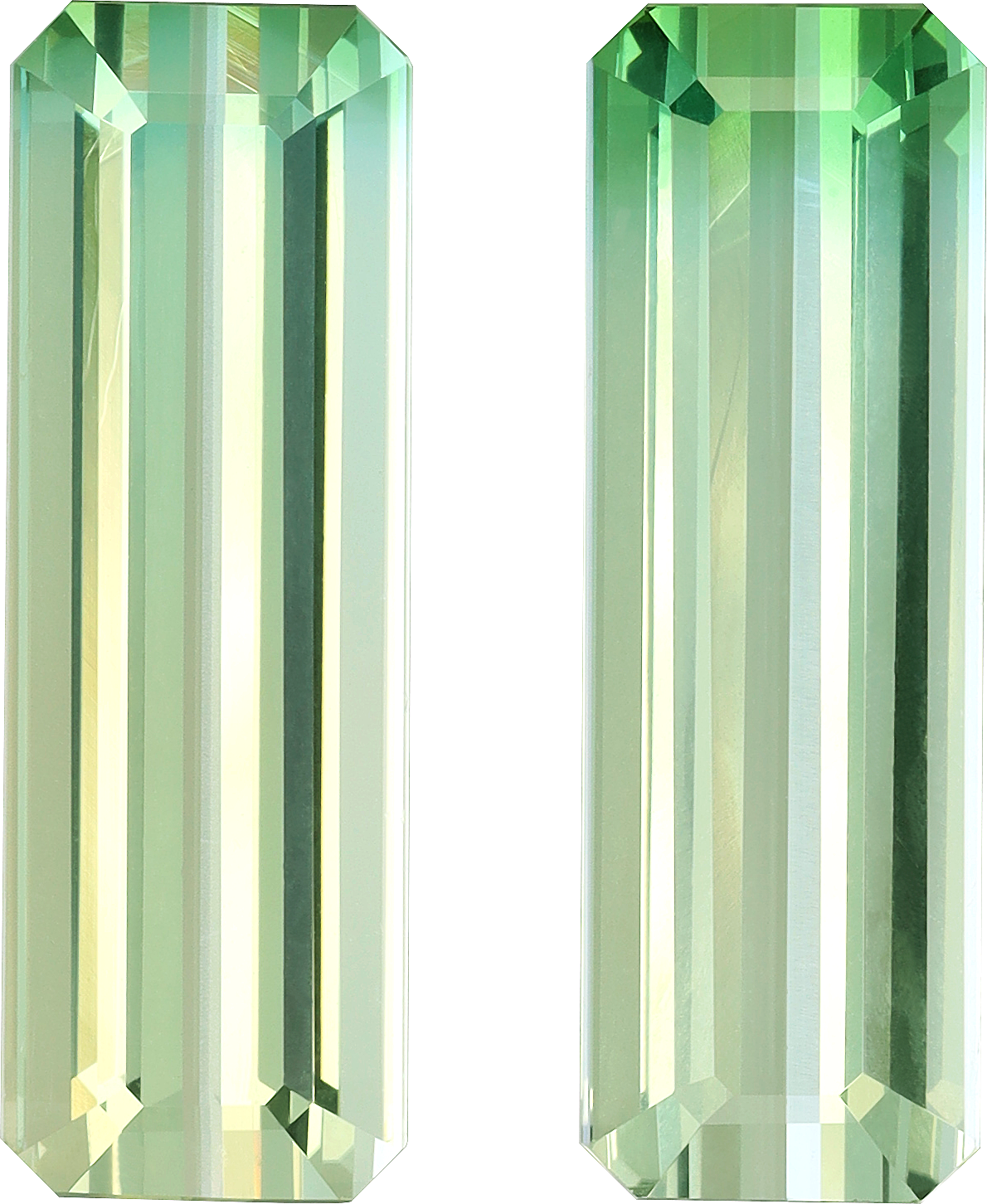 Rectangular cut bi colour tourmaline, 24.07 by 8.09 mm, shown at actual size