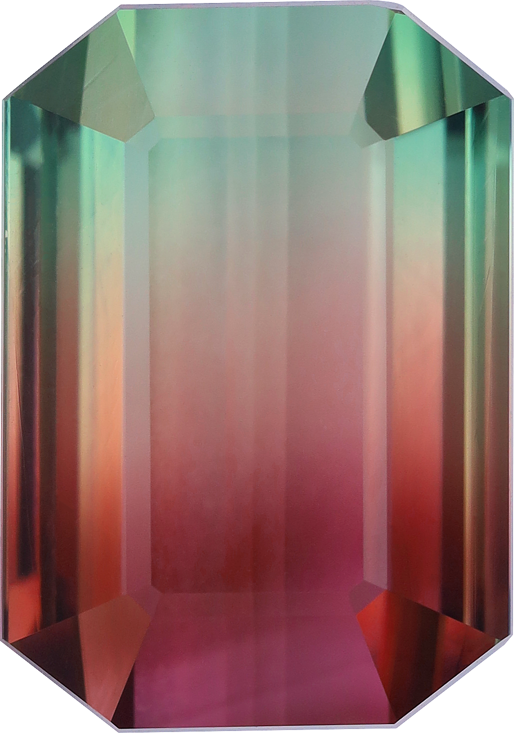 Rectangular cut bi colour tourmaline, 14.88 by 10.46 mm, shown at actual size