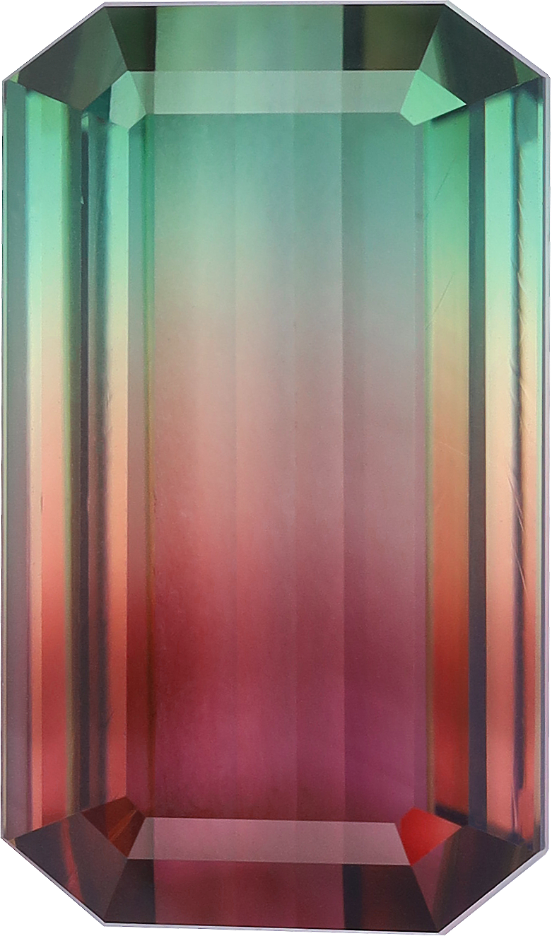 Rectangular cut bi colour tourmaline, 18.46 by 10.84 mm, shown at actual size