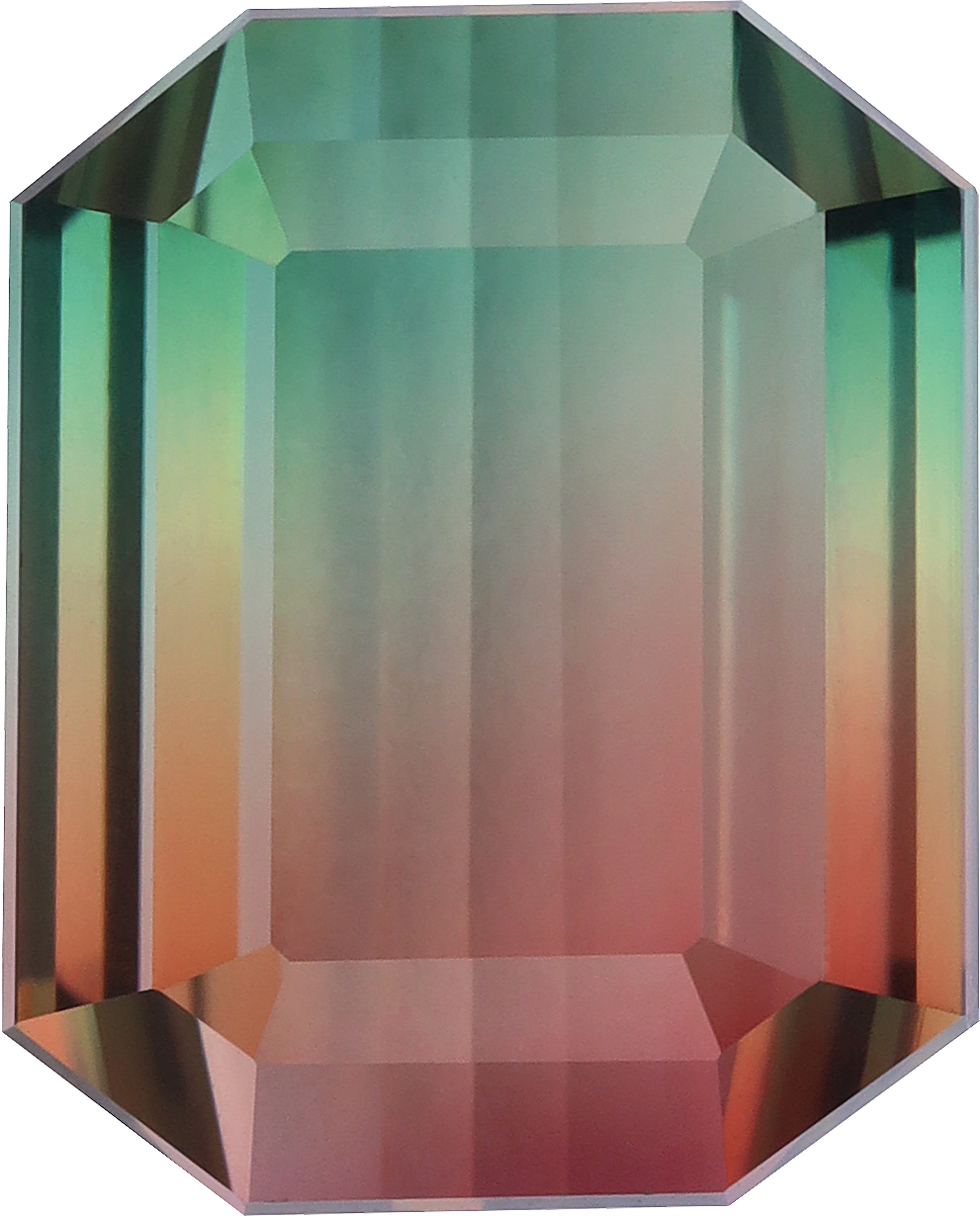 Rectangular cut bi colour tourmaline, 15.04 by 12.18 mm, shown at actual size