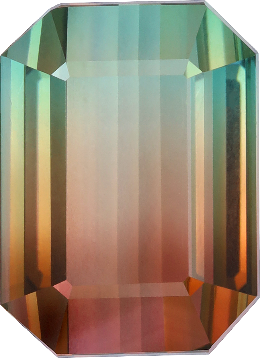 Rectangular cut bi colour tourmaline, 15.4 by 11.28 mm, shown at actual size