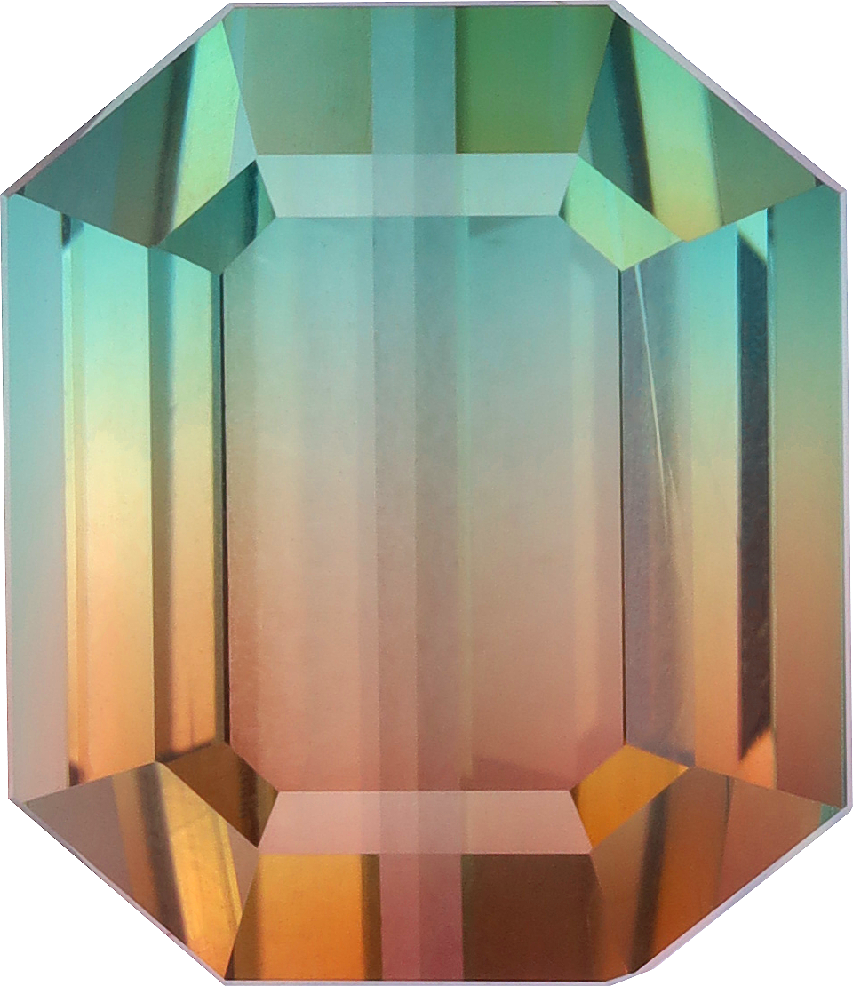 Rectangular cut bi colour tourmaline, 13.78 by 11.84 mm, shown at actual size